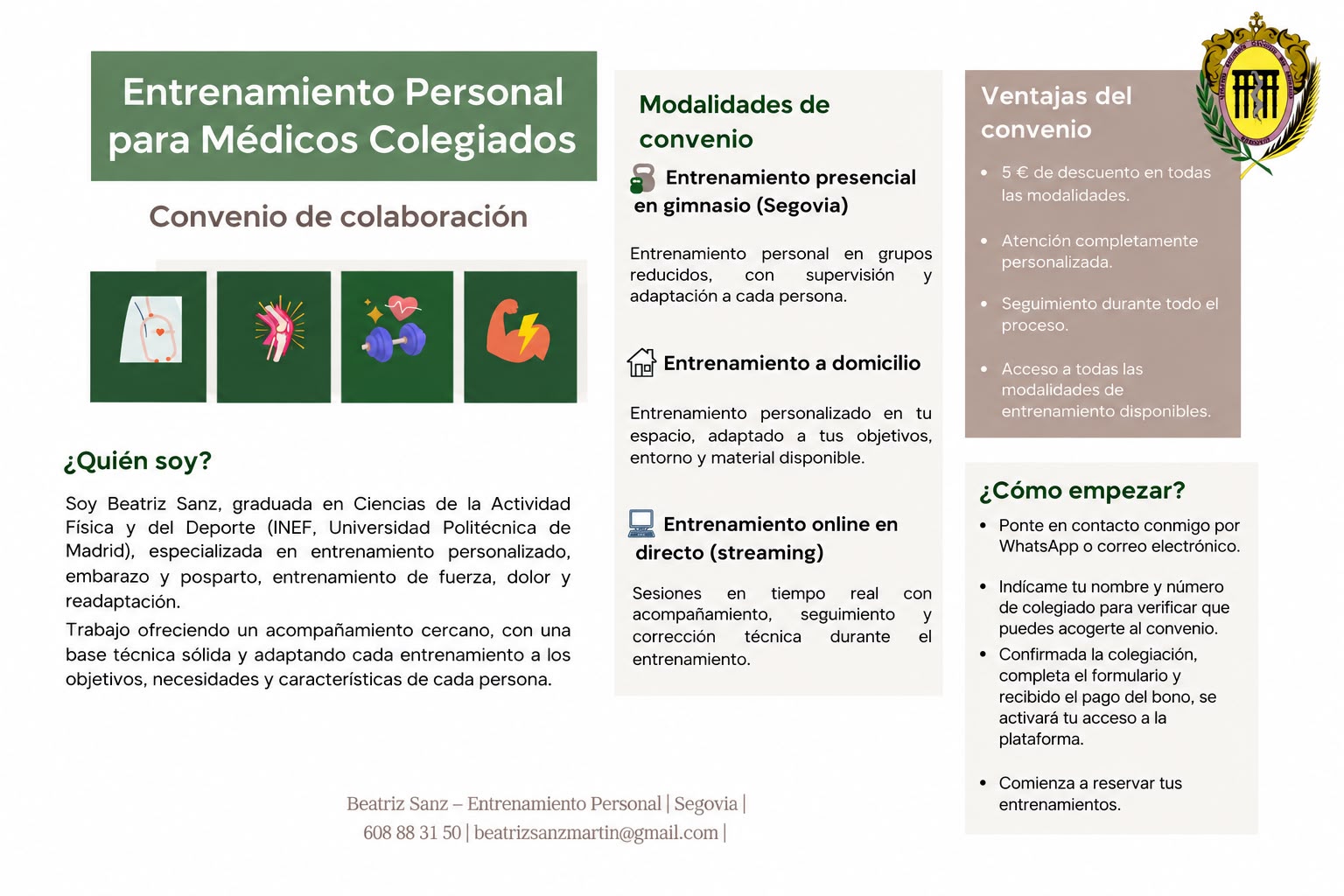 Cartel informativo del convenio de entrenamiento personal con el Colegio Oficial de Médicos de Segovia